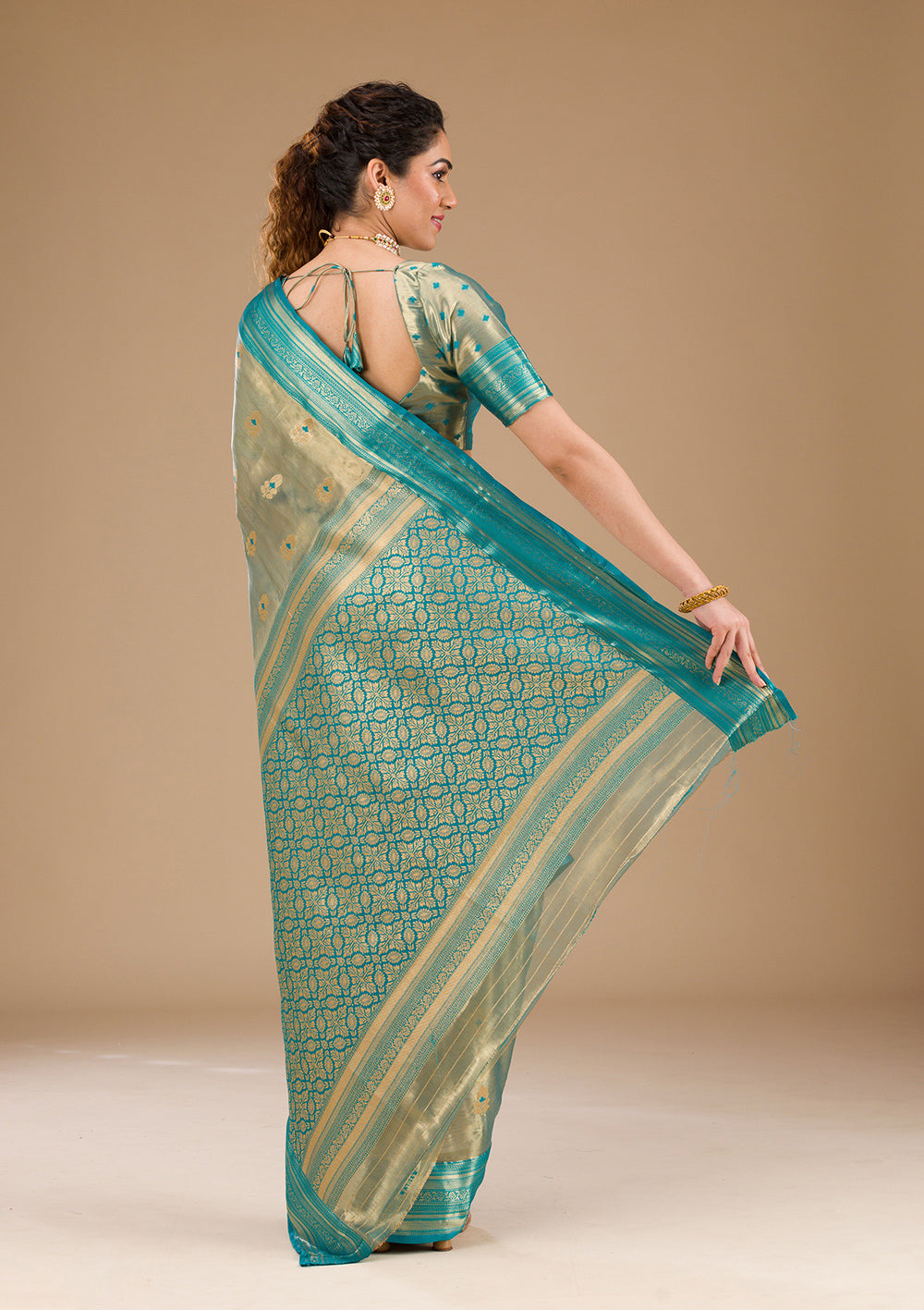 Rama Green Zariwork Tissue Saree-Koskii