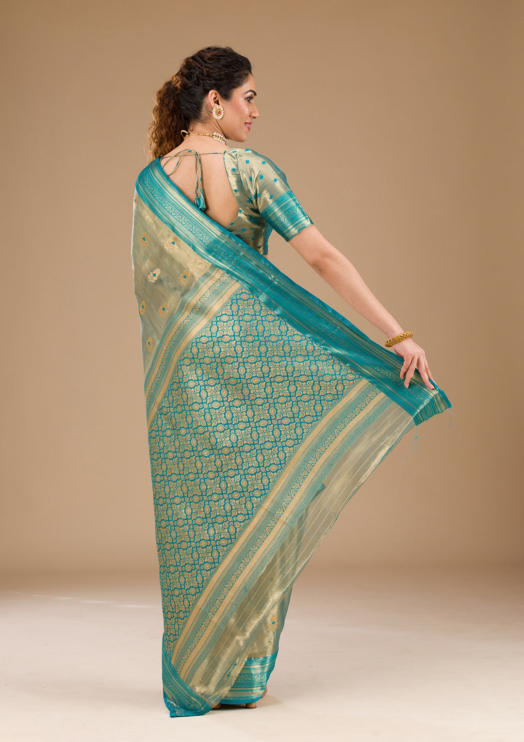 Rama Green Zariwork Tissue Saree-Koskii