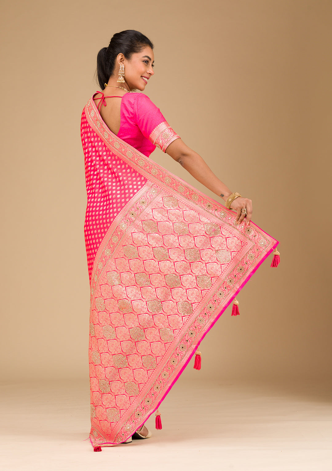 Rani Pink Stonework Art Silk Saree