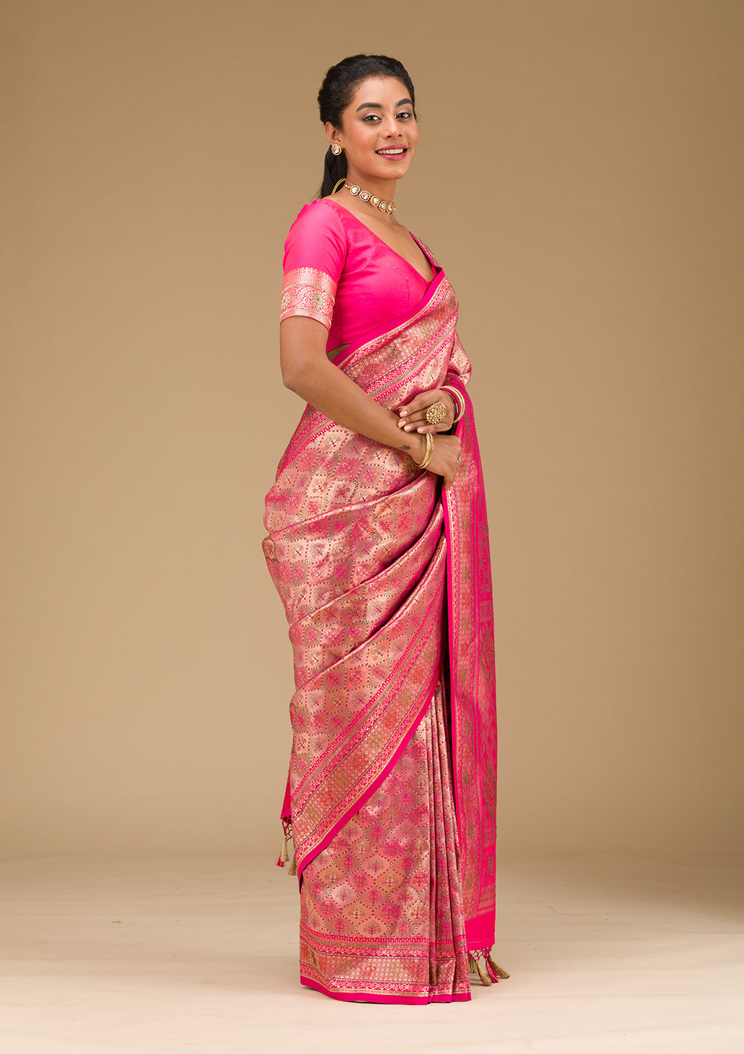 Rani Pink Swarovski Raw Silk Saree