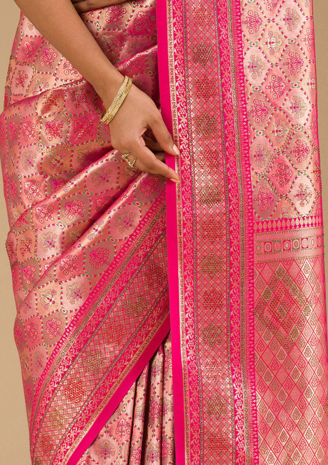Rani Pink Swarovski Raw Silk Saree