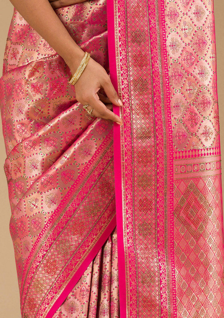 Rani Pink Swarovski Raw Silk Saree