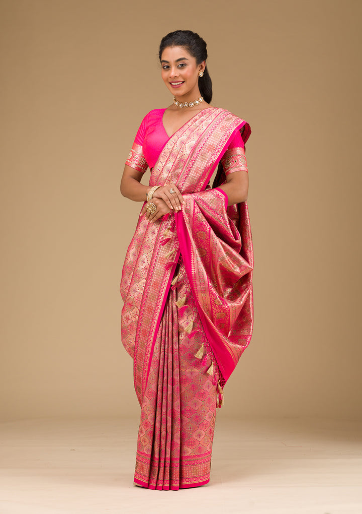 Rani Pink Swarovski Raw Silk Saree
