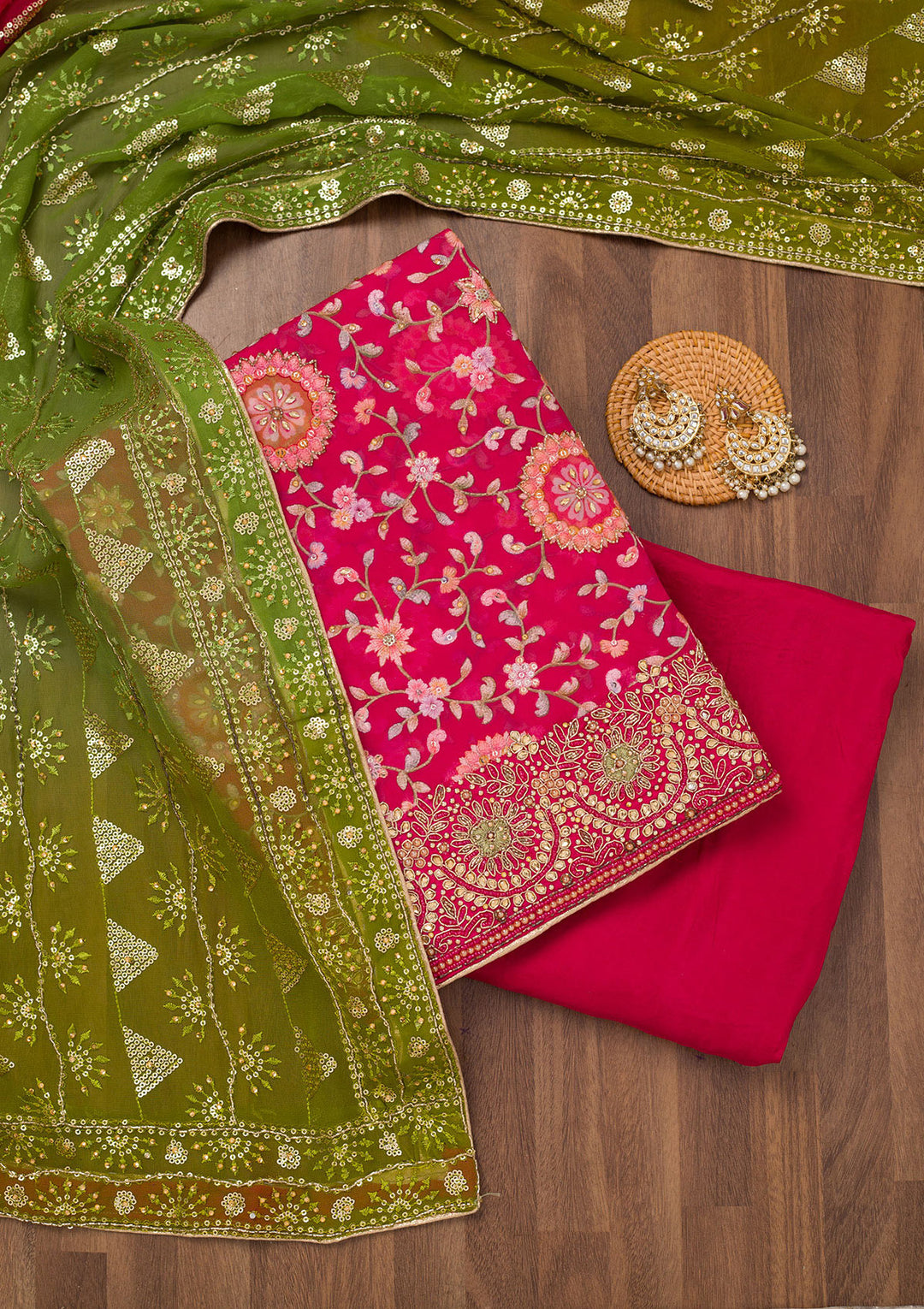 Rani Pink Threadwork Semi Crepe Unstitched Salwar Suit