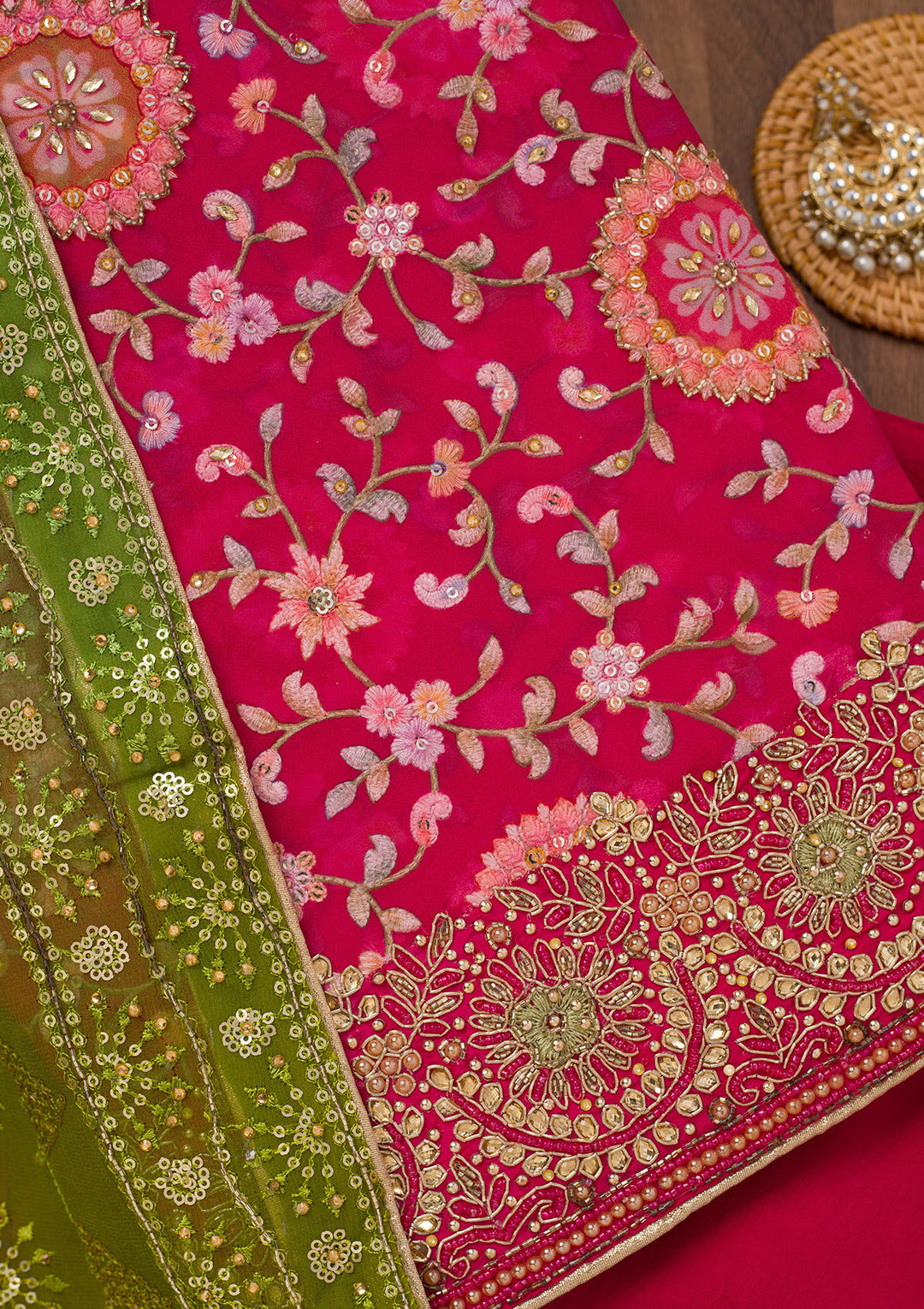 Rani Pink Threadwork Semi Crepe Unstitched Salwar Suit