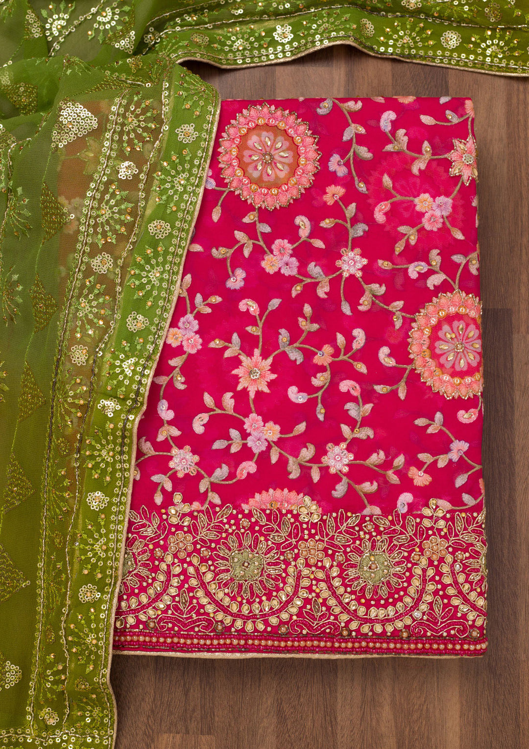 Rani Pink Threadwork Semi Crepe Unstitched Salwar Suit