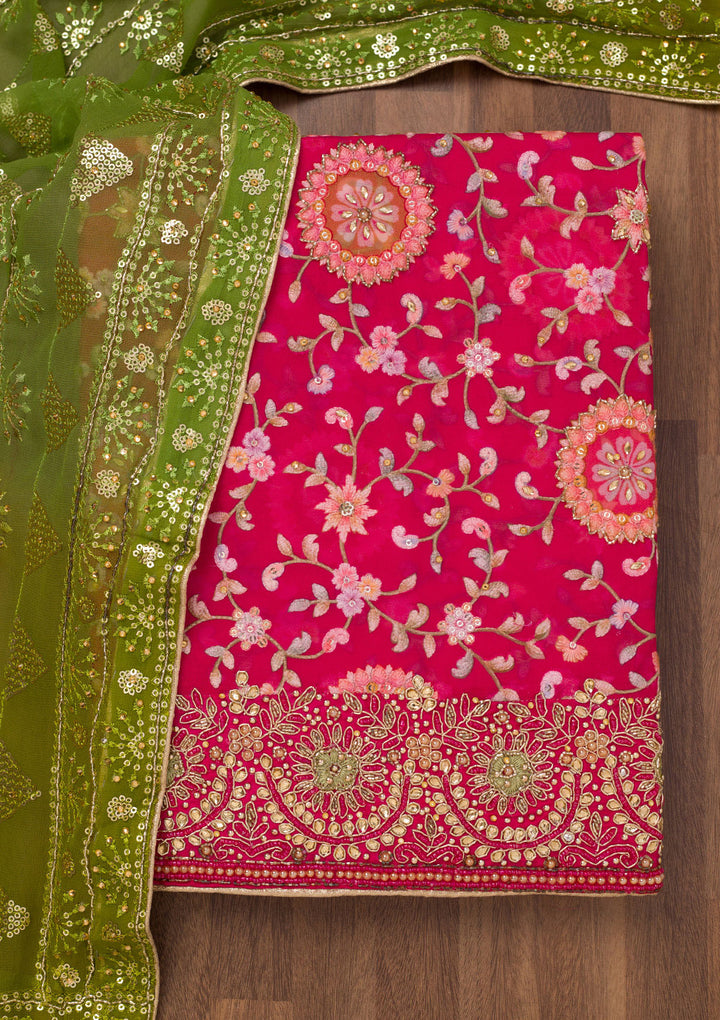 Rani Pink Threadwork Semi Crepe Unstitched Salwar Suit