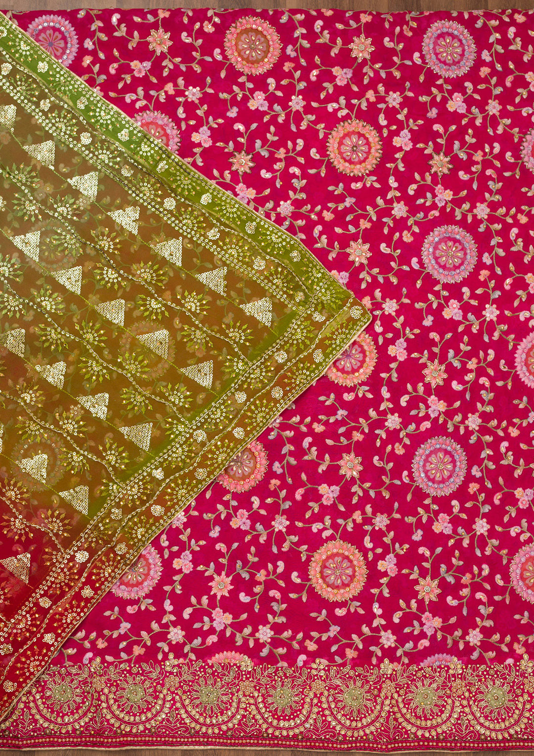 Rani Pink Threadwork Semi Crepe Unstitched Salwar Suit