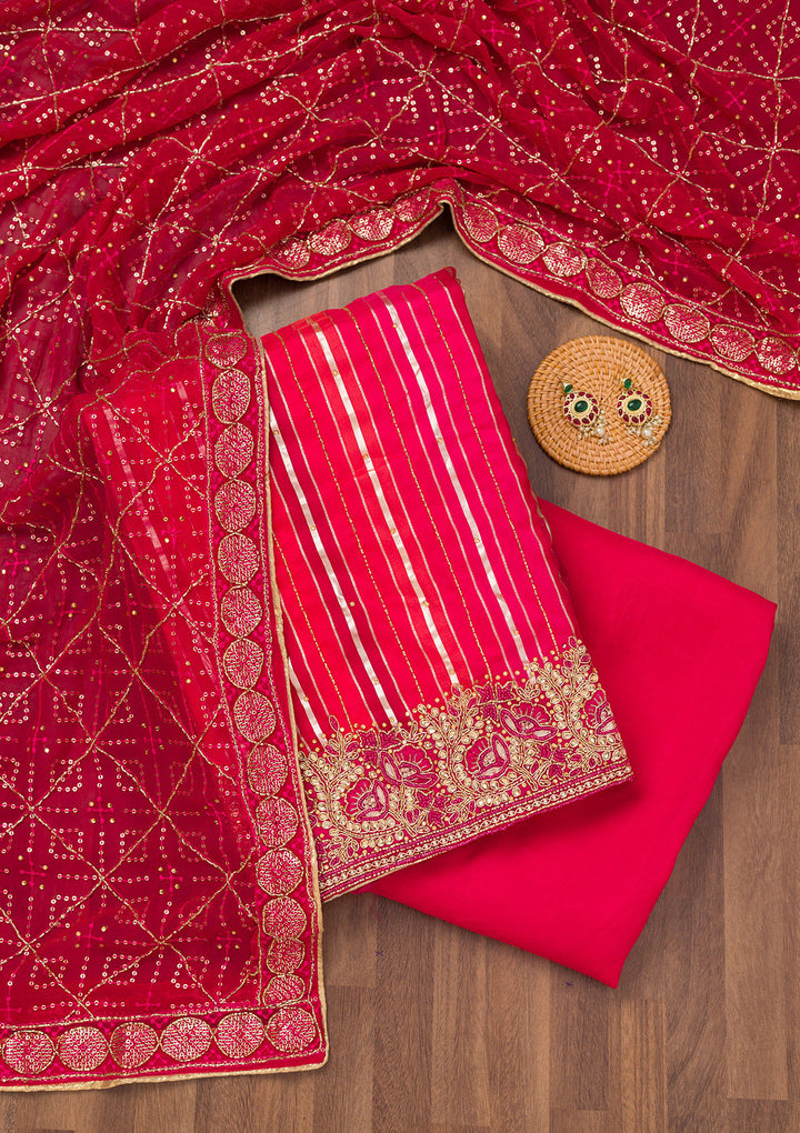 Rani Pink Zariwork Semi Crepe Unstitched Salwar Suit