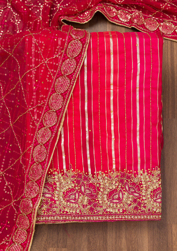 Rani Pink Zariwork Semi Crepe Unstitched Salwar Suit