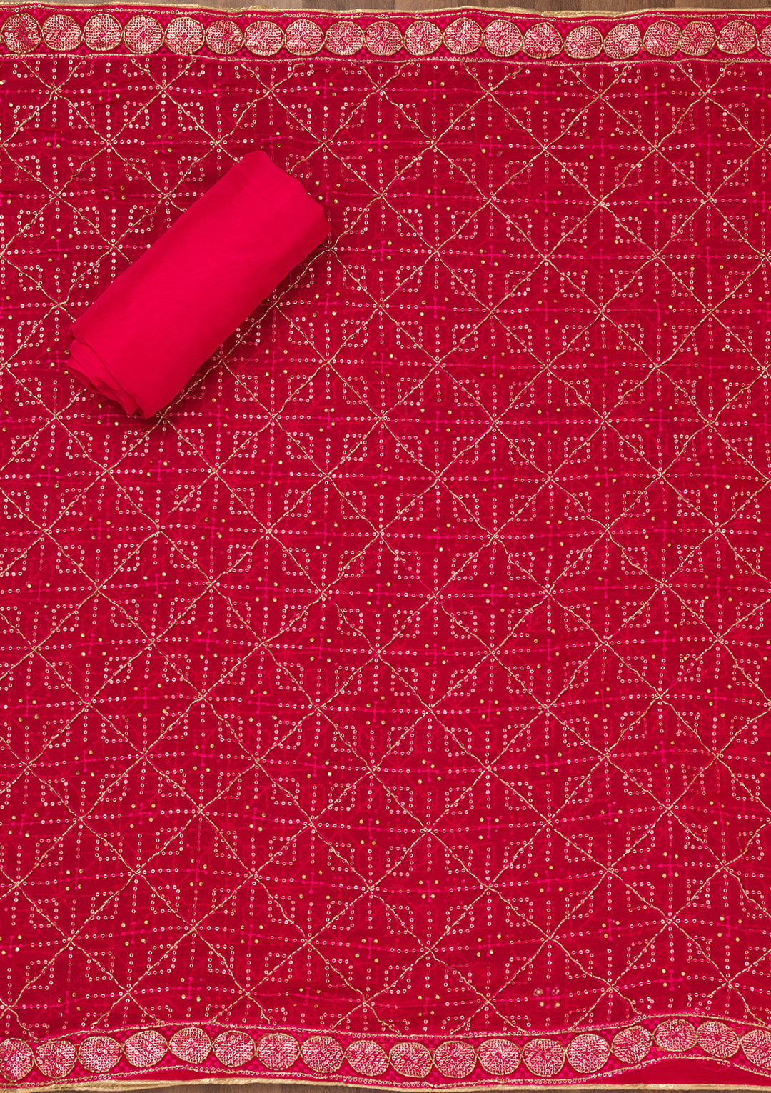 Rani Pink Zariwork Semi Crepe Unstitched Salwar Suit