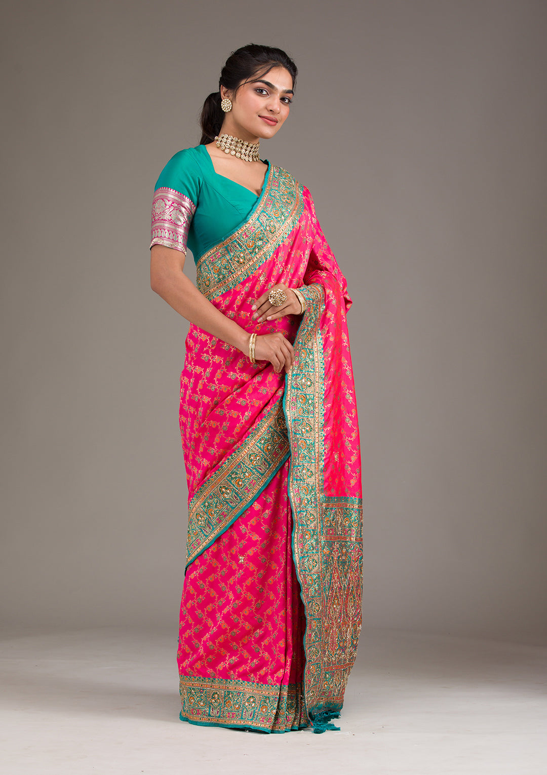 Rani Pink Cutdana Art Silk Saree