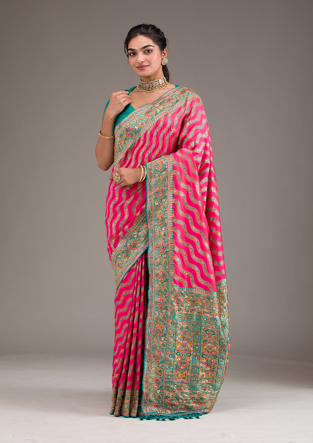Rani Pink Cutdana Art Silk Saree