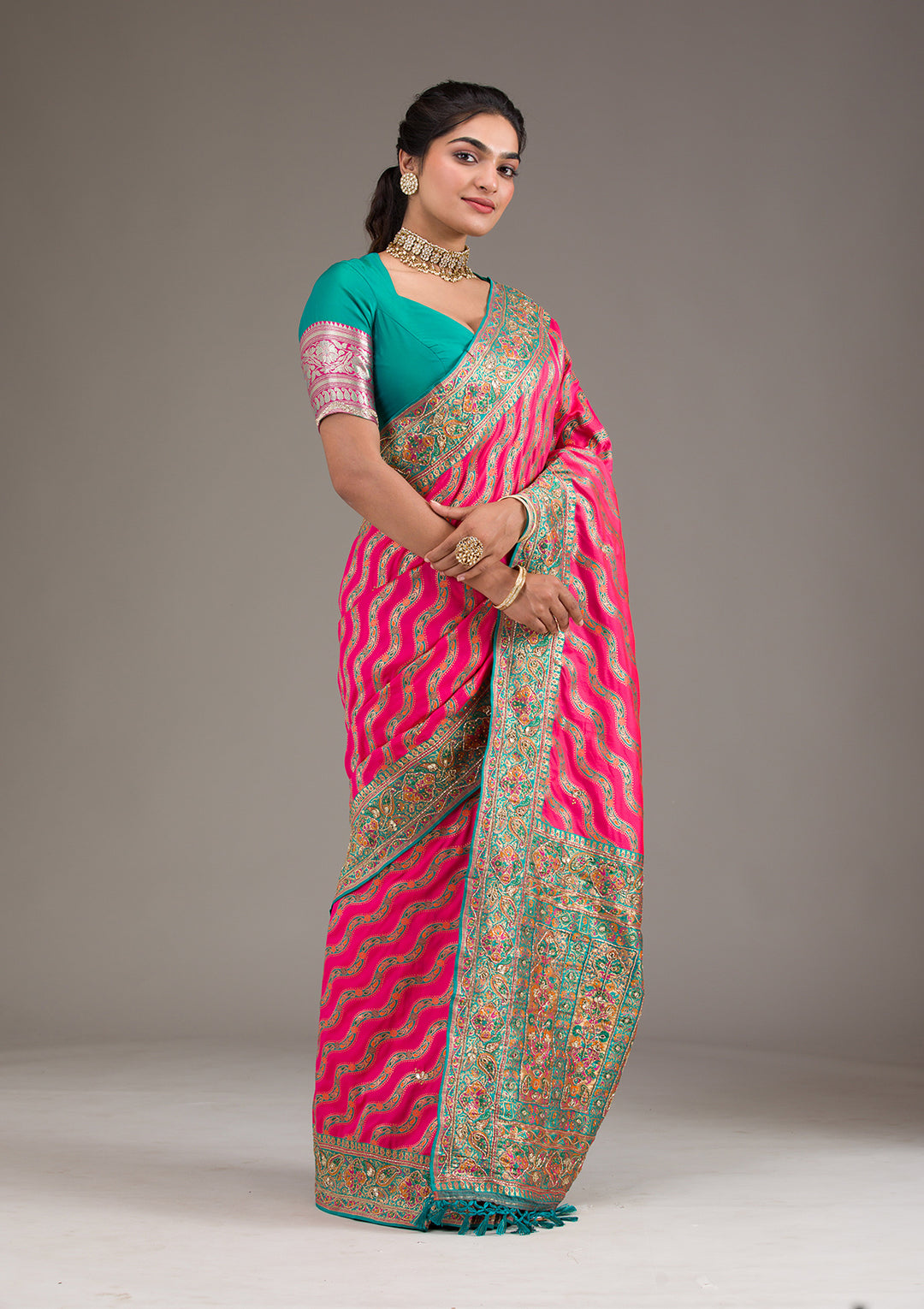 Rani Pink Cutdana Art Silk Saree