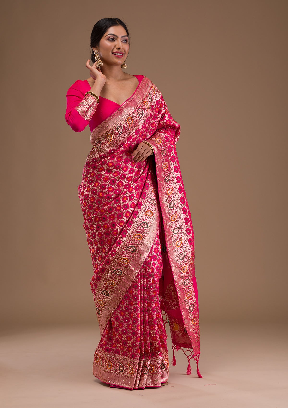 Rani Pink Cutdana Banarasi Silk Saree