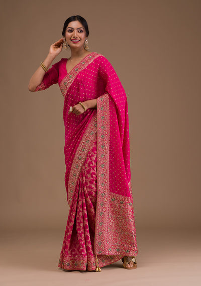Rani Pink Cutdana Banarasi Silk Saree