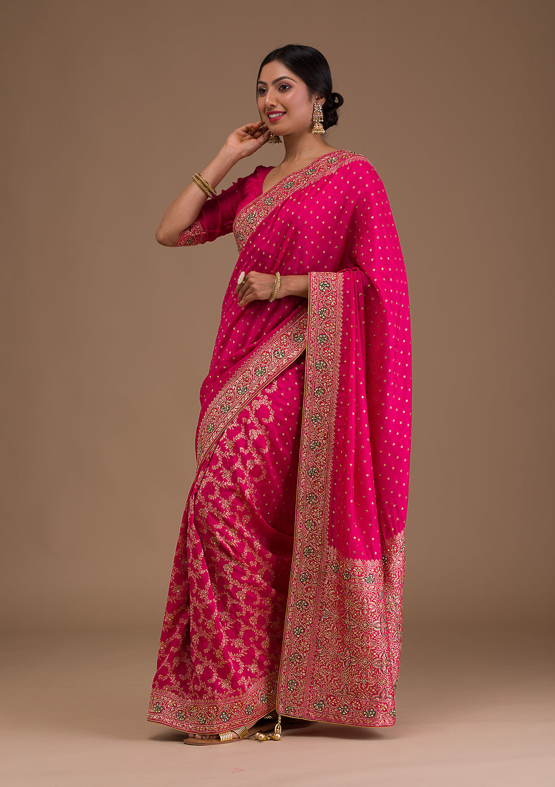 Rani Pink Cutdana Banarasi Silk Saree