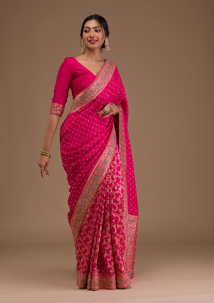 Rani Pink Cutdana Banarasi Silk Saree