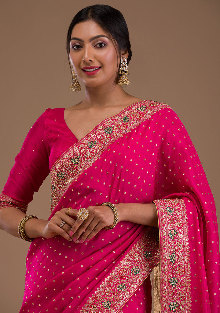 Rani Pink Cutdana Banarasi Silk Saree