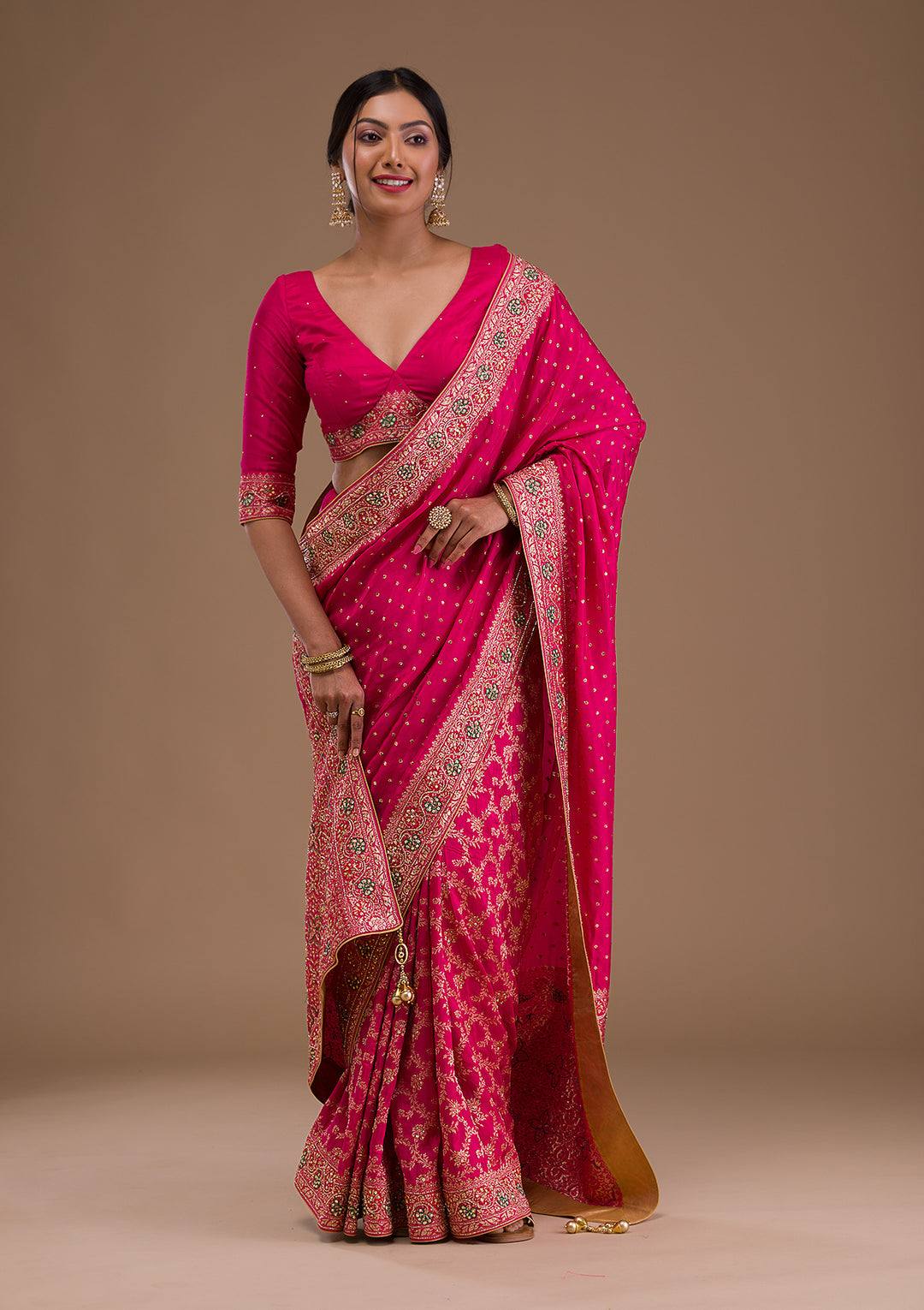 Rani Pink Cutdana Banarasi Silk Saree