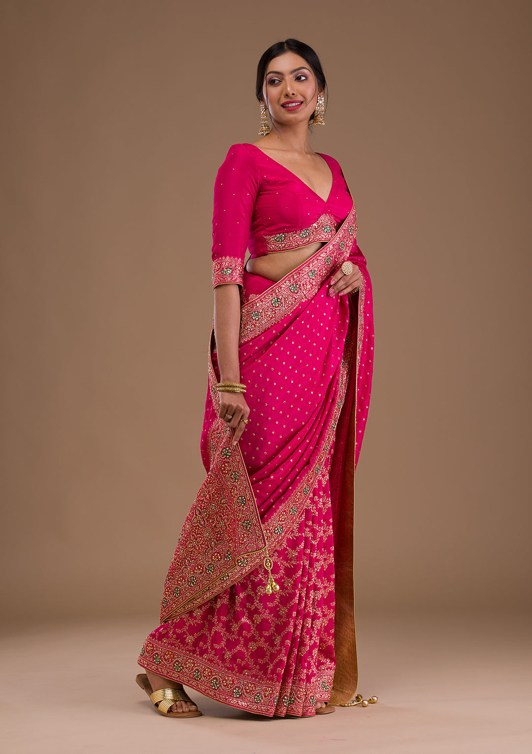 Rani Pink Cutdana Banarasi Silk Saree