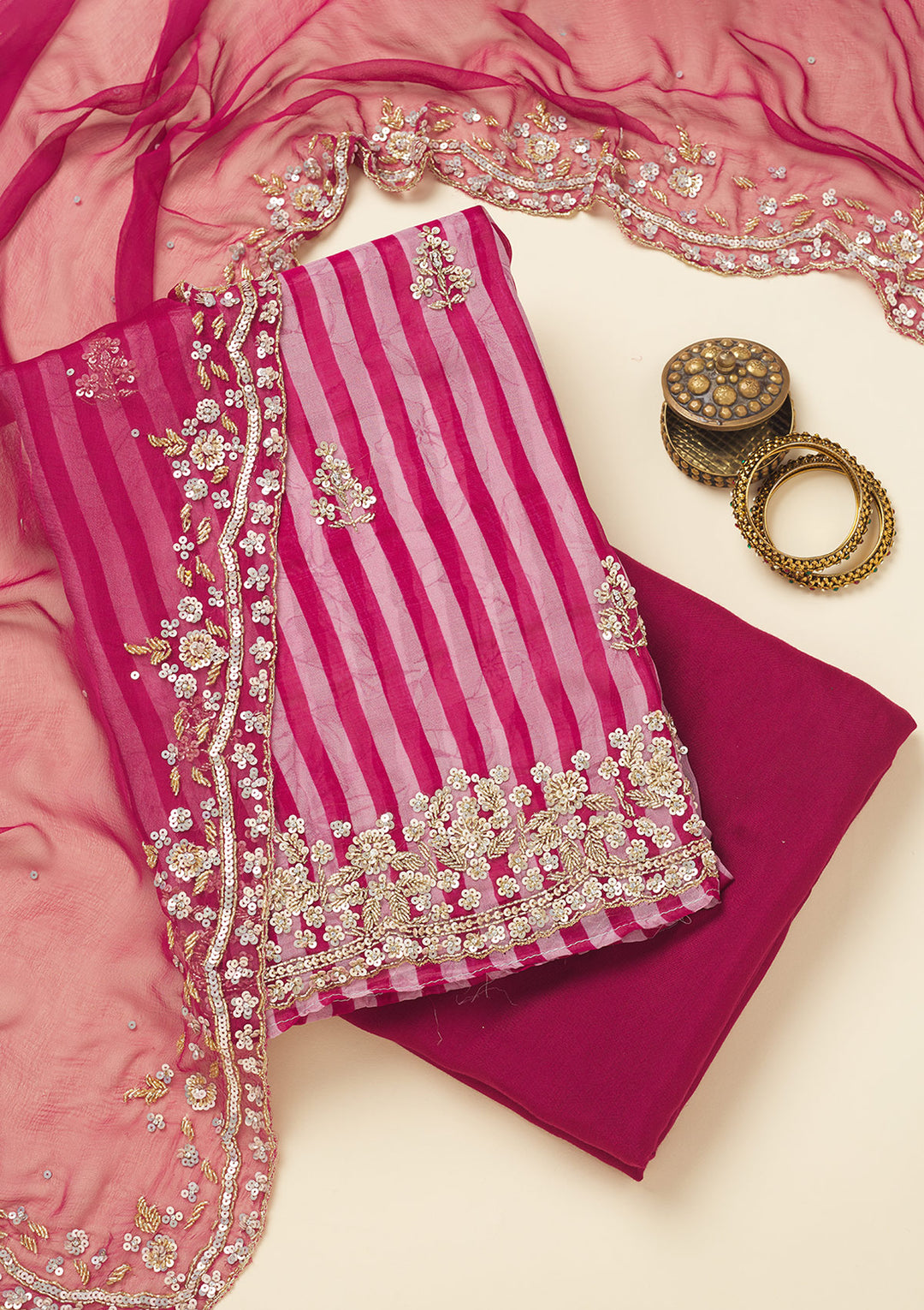 Rani Pink Cutdana Semi Crepe Unstitched Salwar Suit