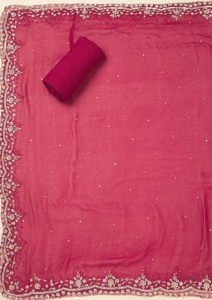 Rani Pink Cutdana Semi Crepe Unstitched Salwar Suit