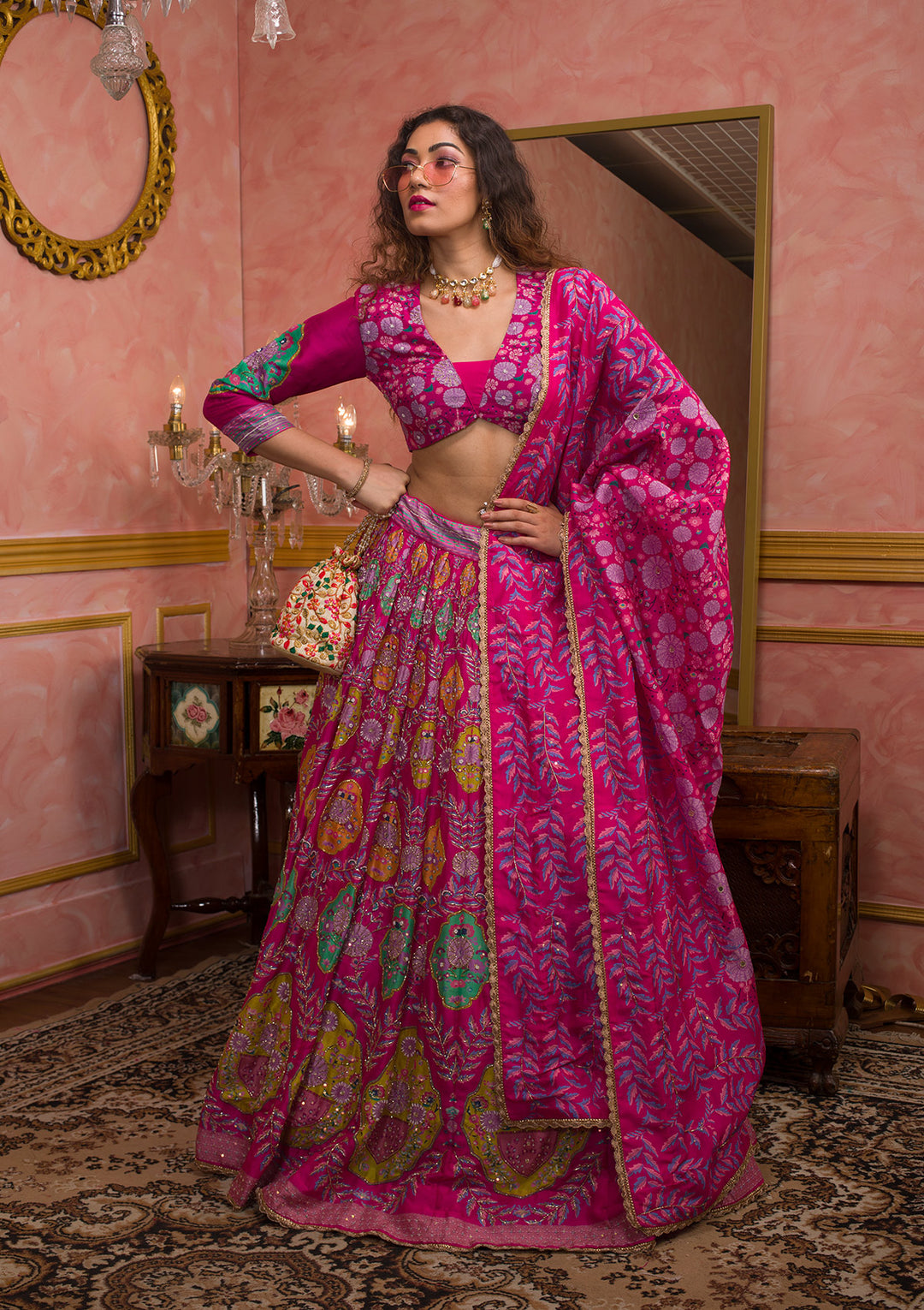 Rani Pink Cutdana Soft Silk Semi-Stitched Lehenga-Koskii