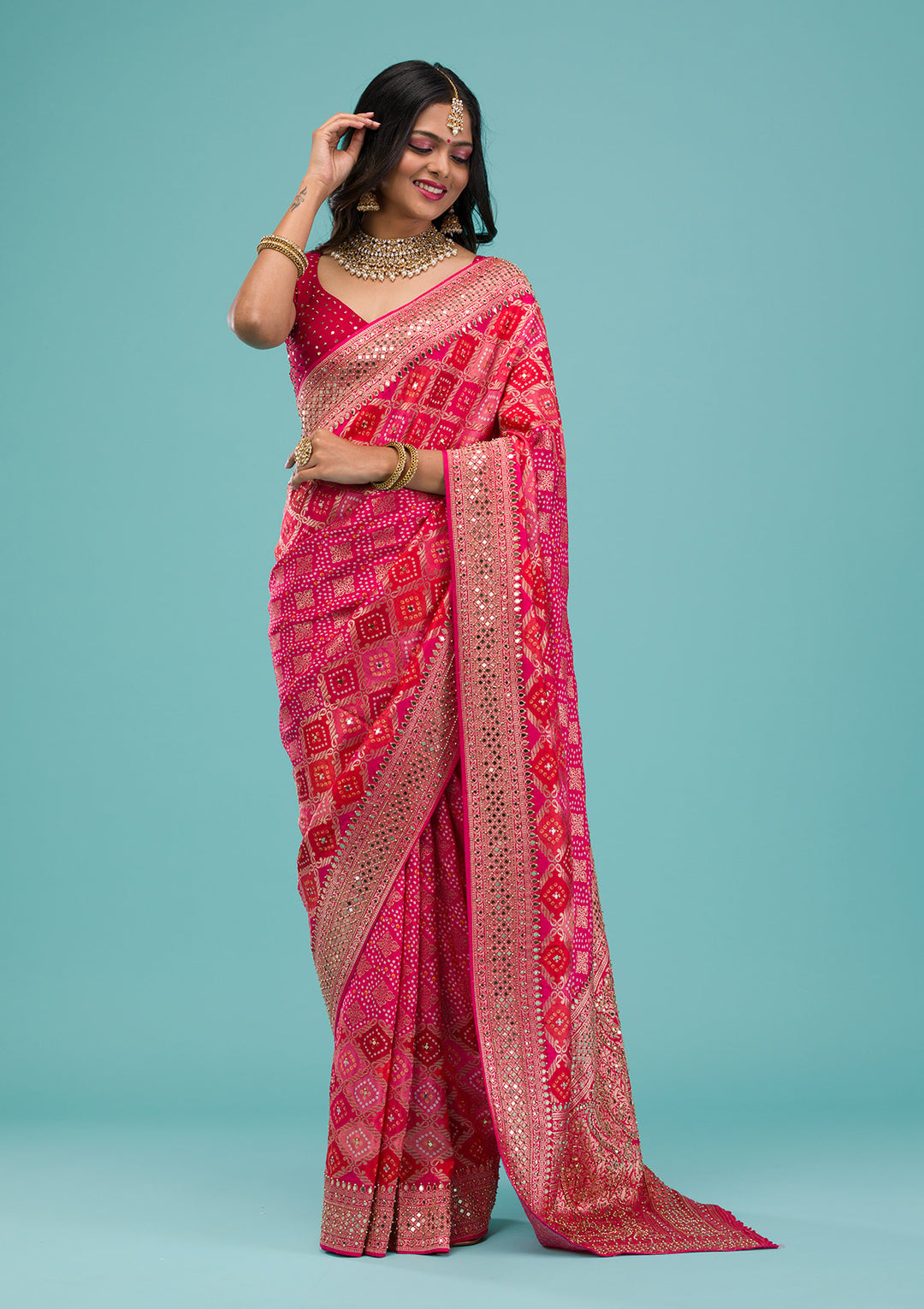 Rani Pink Mirrorwork Chanderi Silk Saree