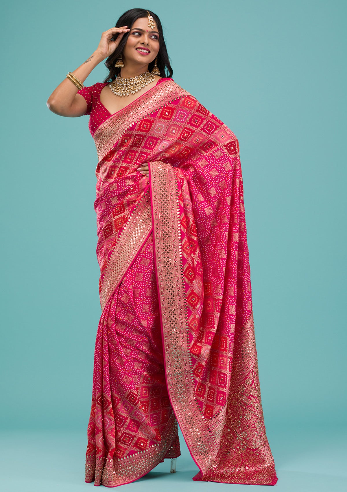 Rani Pink Mirrorwork Chanderi Silk Saree