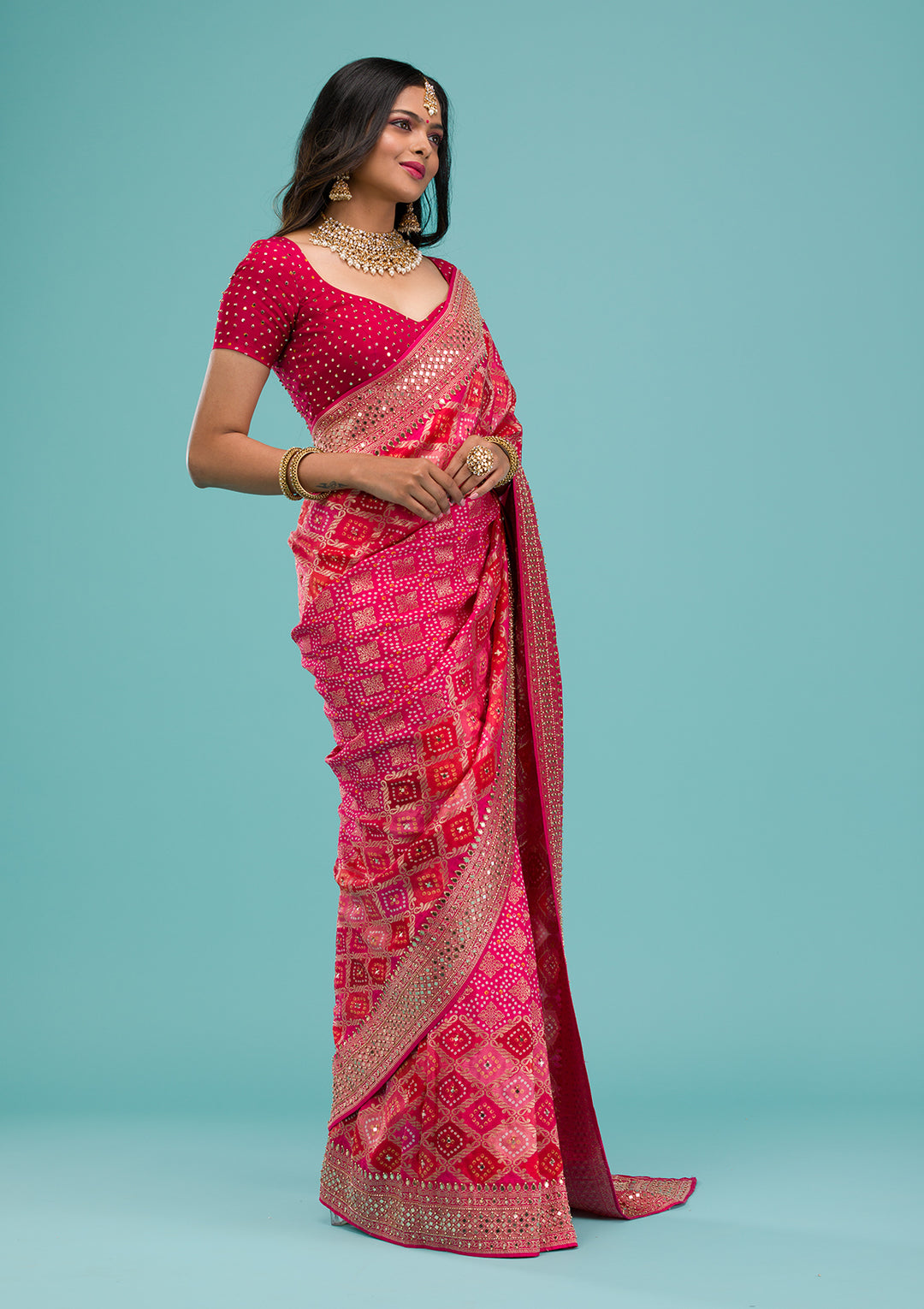 Rani Pink Mirrorwork Chanderi Silk Saree