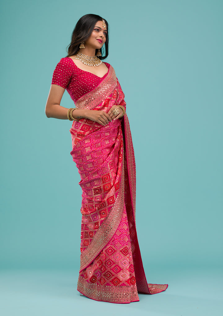 Rani Pink Mirrorwork Chanderi Silk Saree