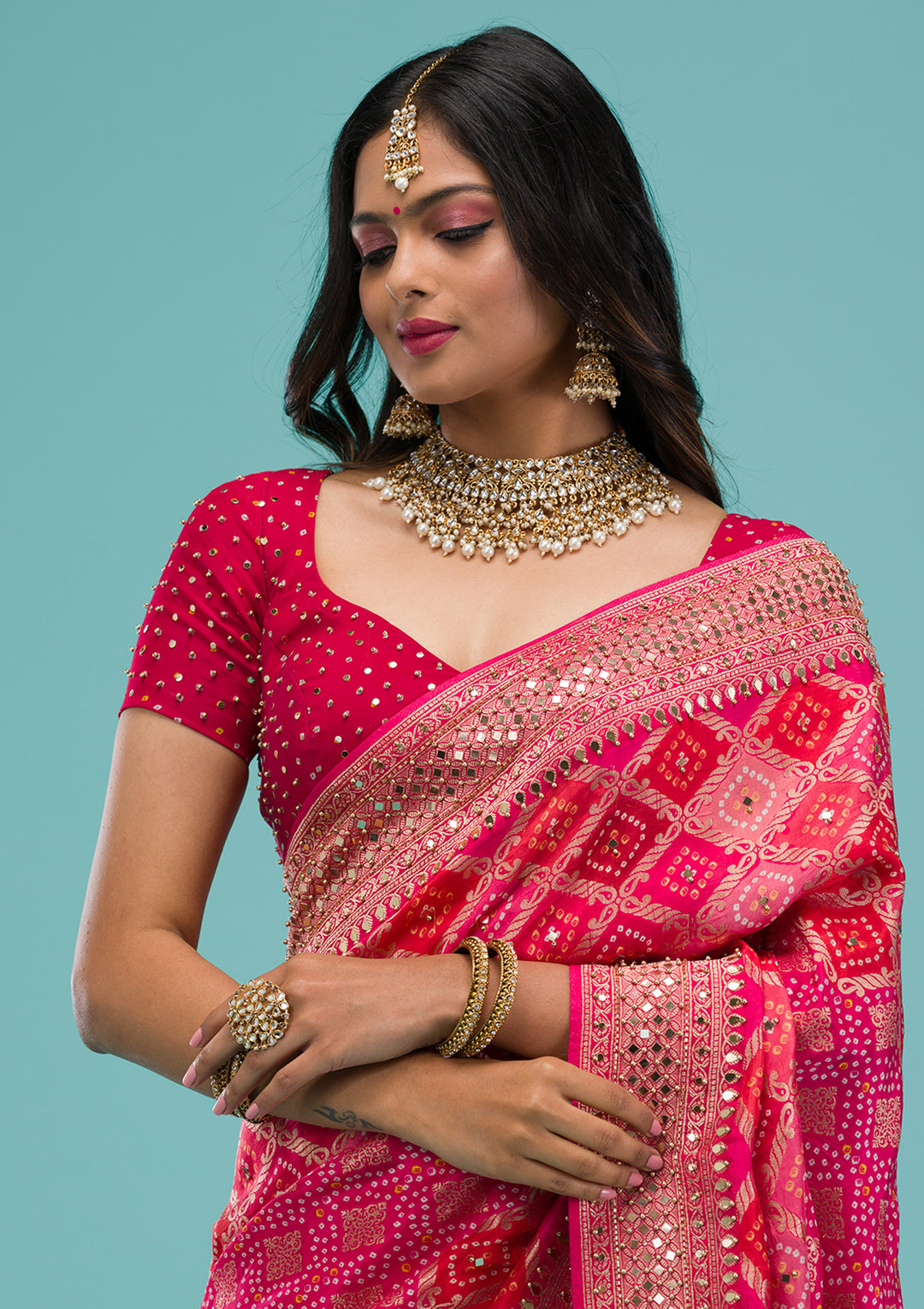 Rani Pink Mirrorwork Chanderi Silk Saree