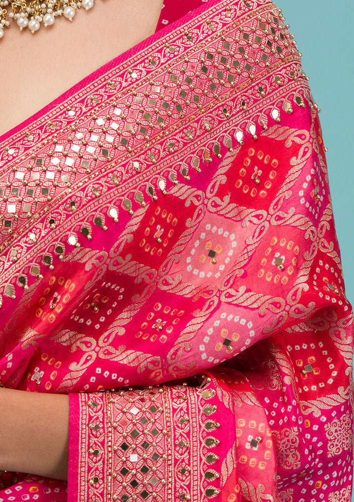 Rani Pink Mirrorwork Chanderi Silk Saree