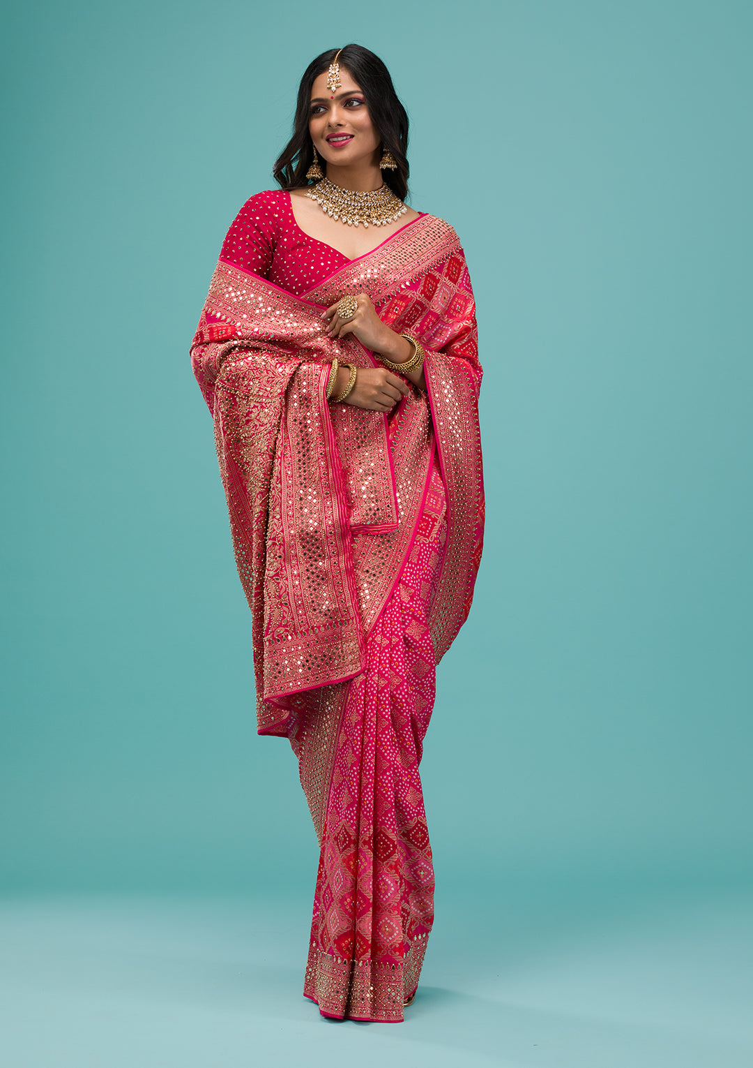 Rani Pink Mirrorwork Chanderi Silk Saree