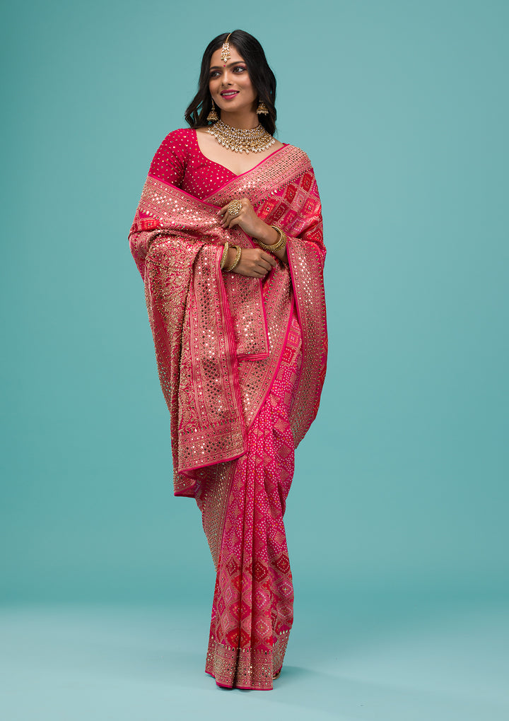 Rani Pink Mirrorwork Chanderi Silk Saree