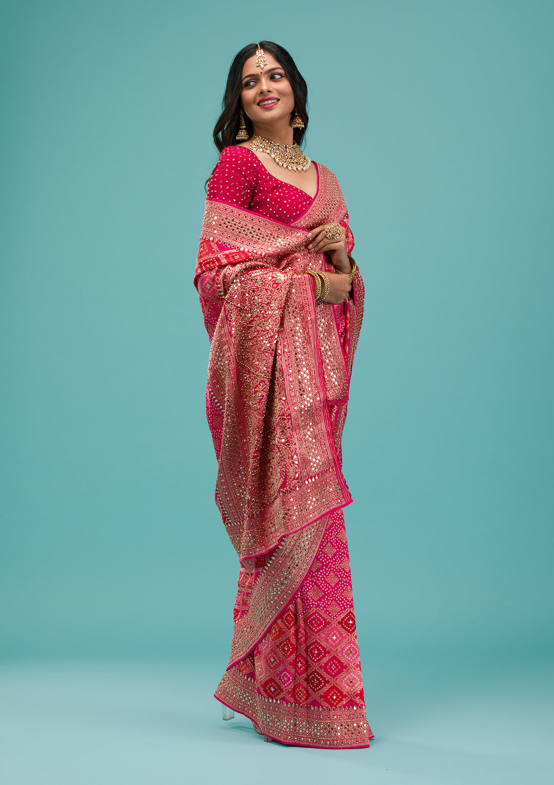 Rani Pink Mirrorwork Chanderi Silk Saree