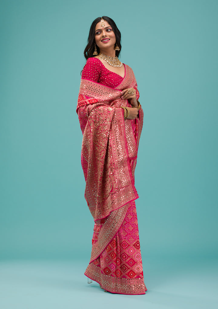 Rani Pink Mirrorwork Chanderi Silk Saree