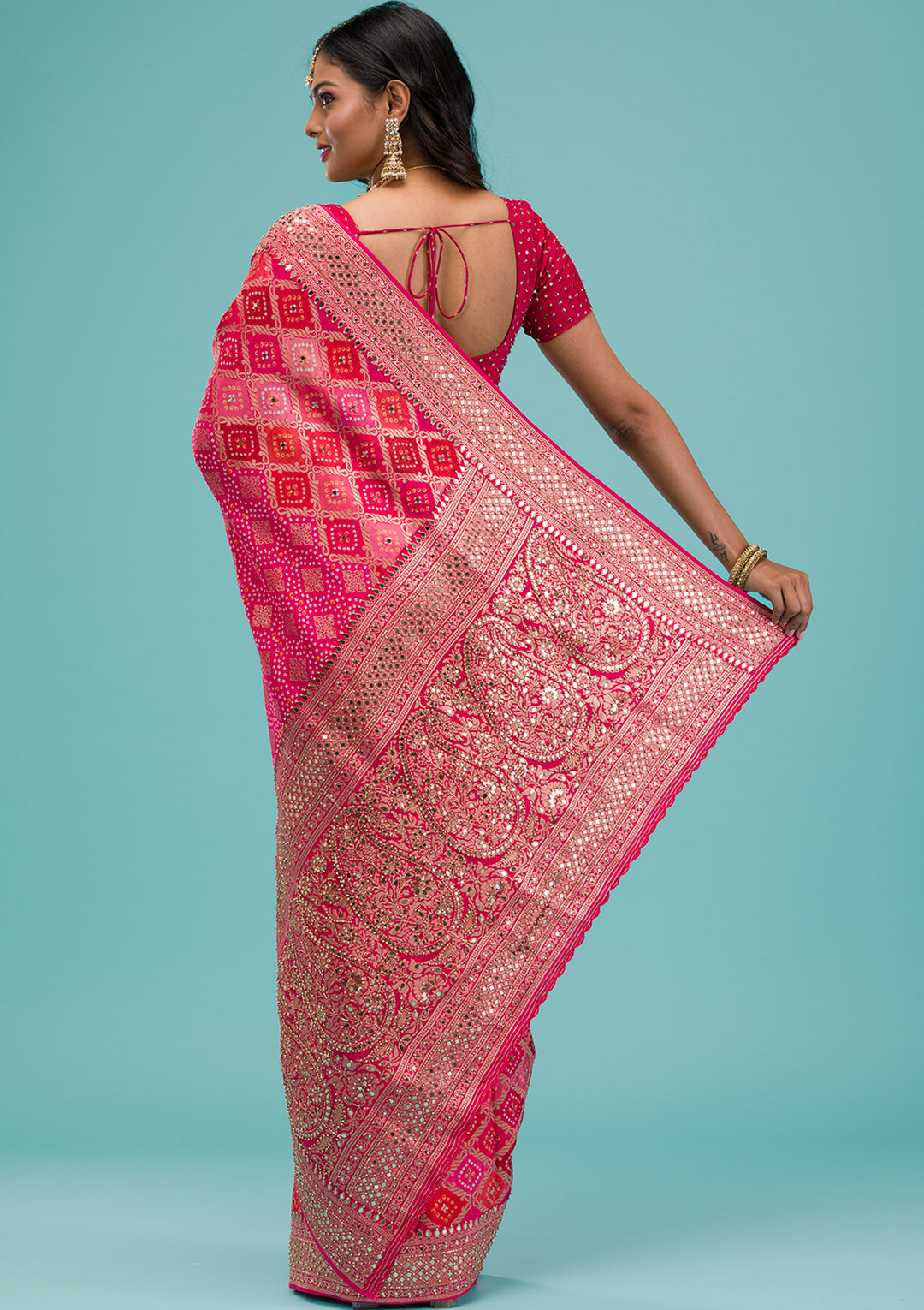 Rani Pink Mirrorwork Chanderi Silk Saree