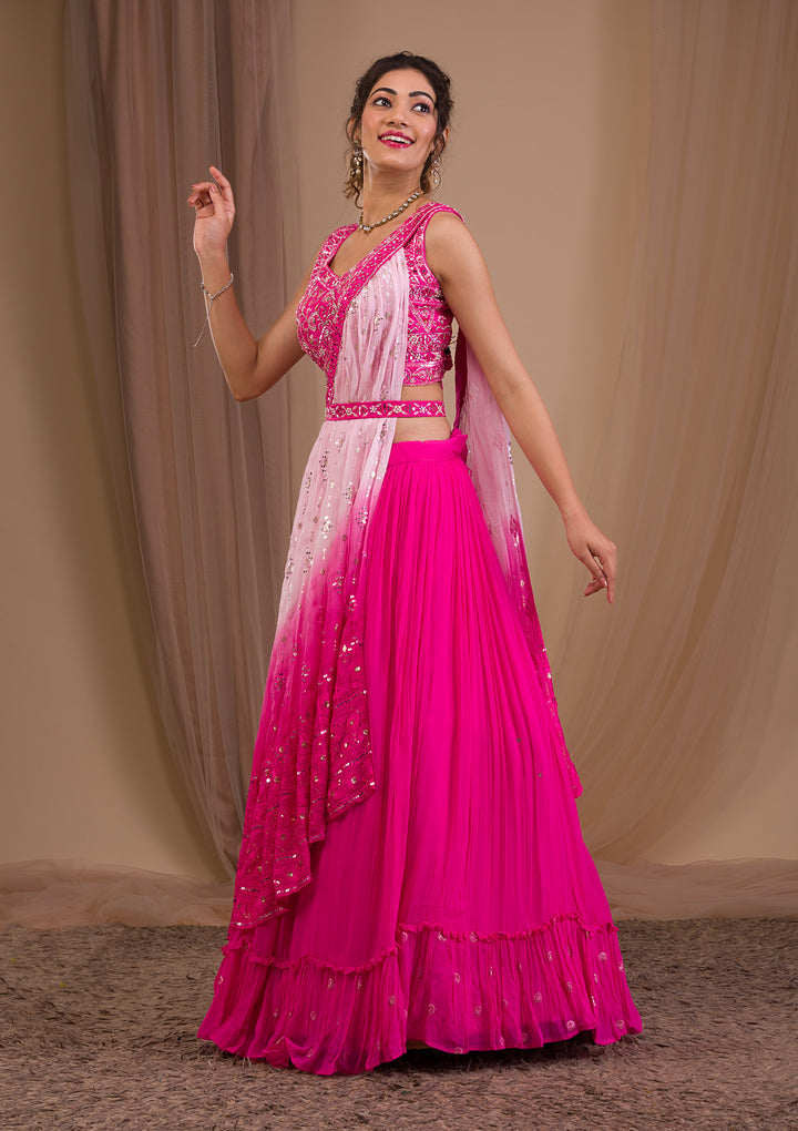 Rani Pink Mirrorwork Georgette Readymade Lehenga-Koskii