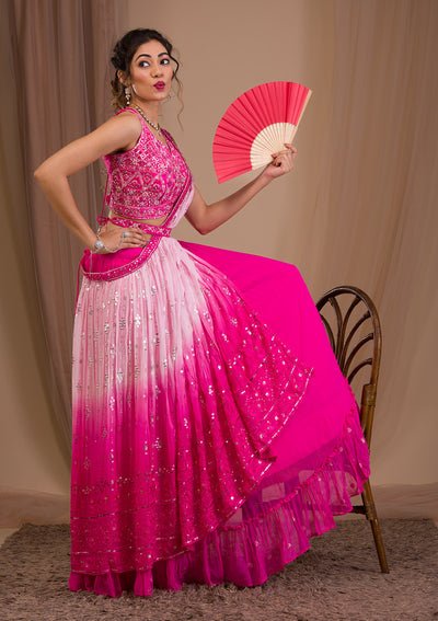 Rani Pink Mirrorwork Georgette Readymade Lehenga-Koskii