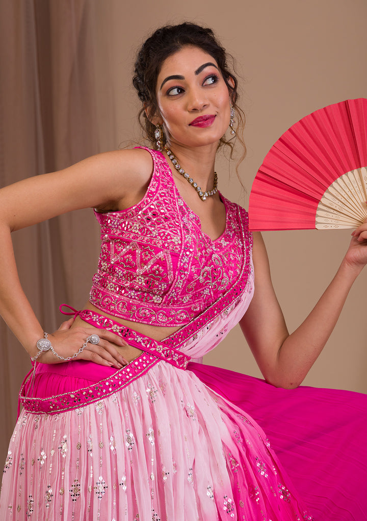 Rani Pink Mirrorwork Georgette Readymade Lehenga-Koskii