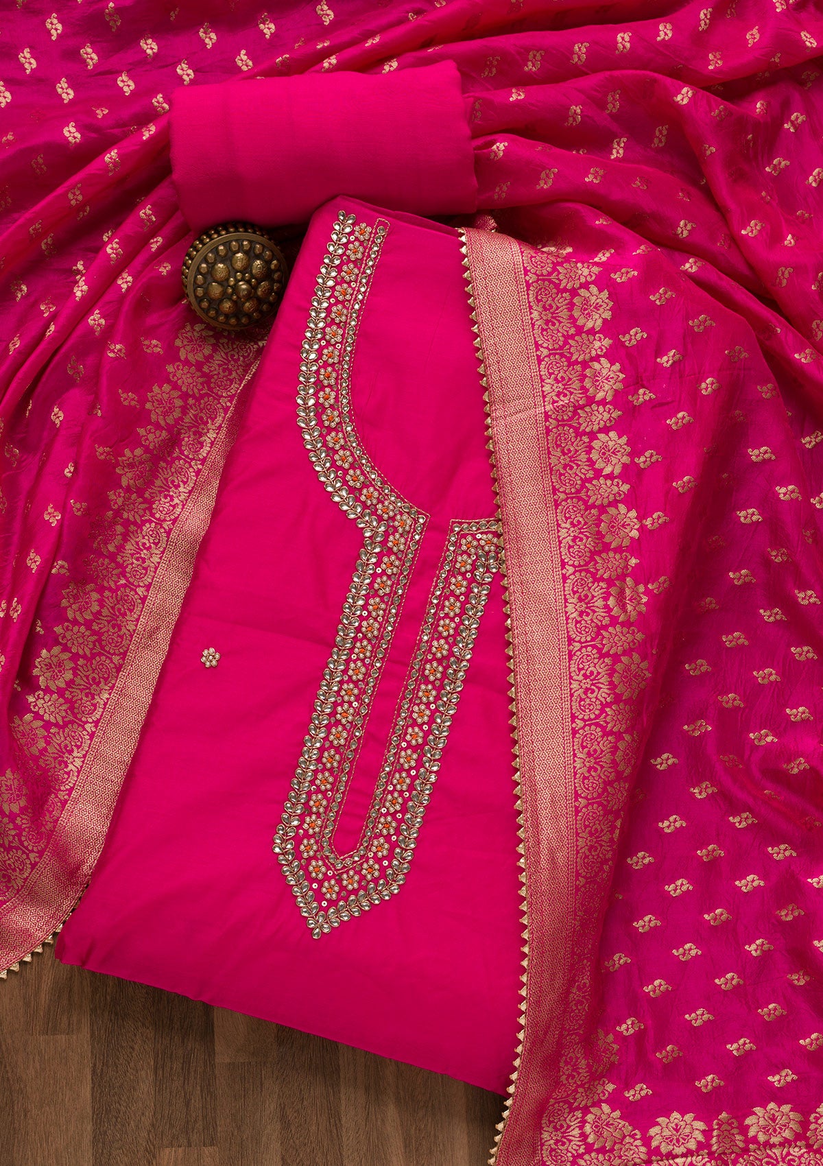 Rani Pink Pearlwork Silk Unstitched Salwar Suit
