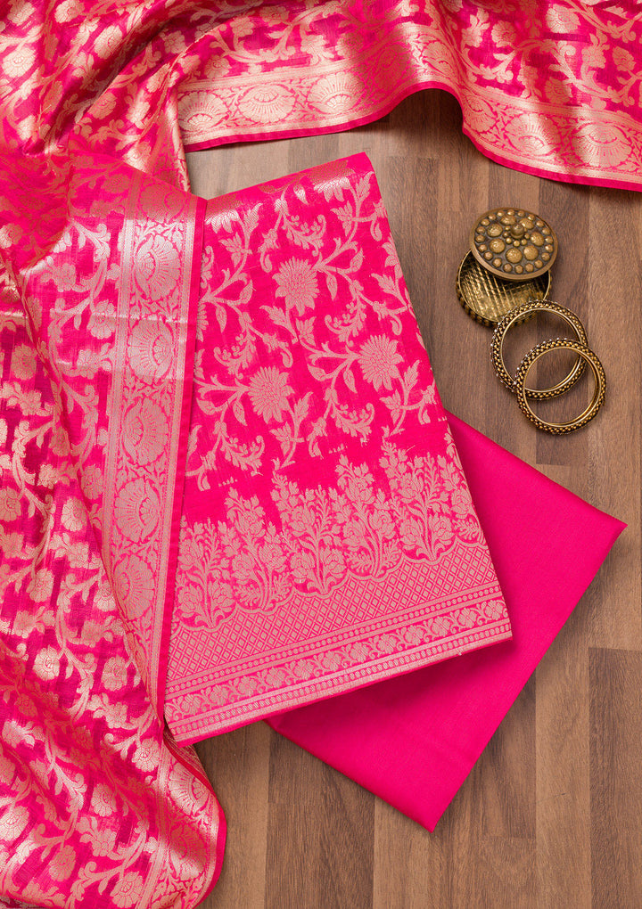 Rani Pink Zariwork Banarasi Unstitched Salwar Suit