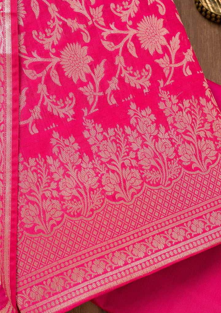 Rani Pink Zariwork Banarasi Unstitched Salwar Suit