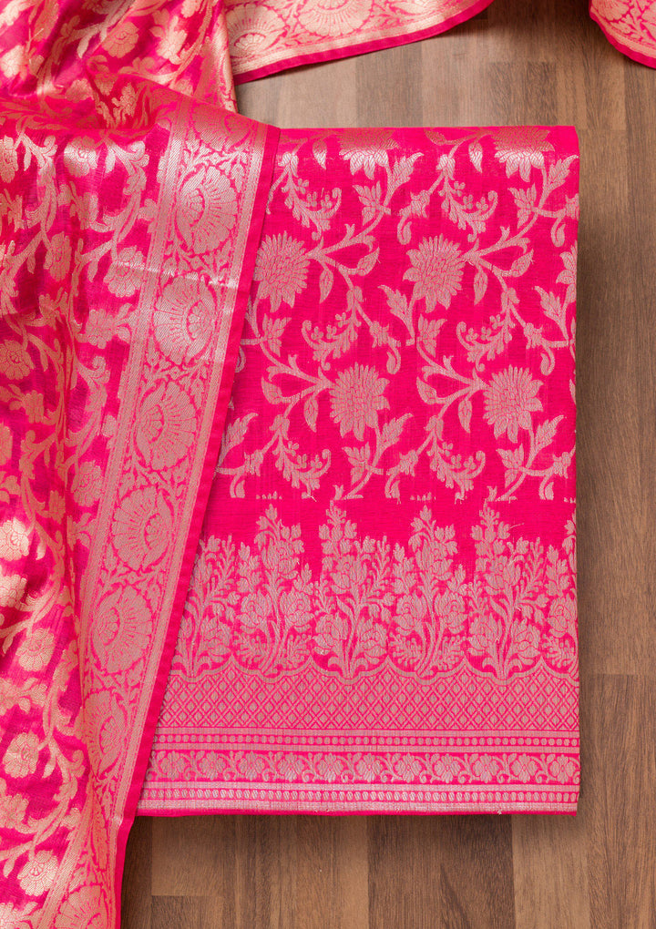 Rani Pink Zariwork Banarasi Unstitched Salwar Suit