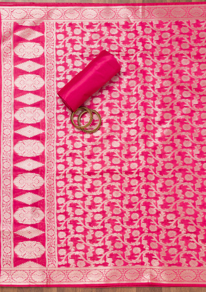 Rani Pink Zariwork Banarasi Unstitched Salwar Suit