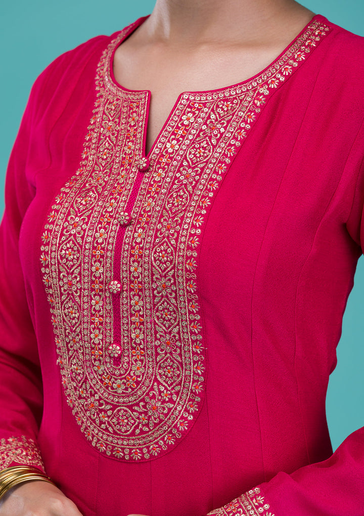 Rani Pink Printed Crepe Readymade Anarkali Suit