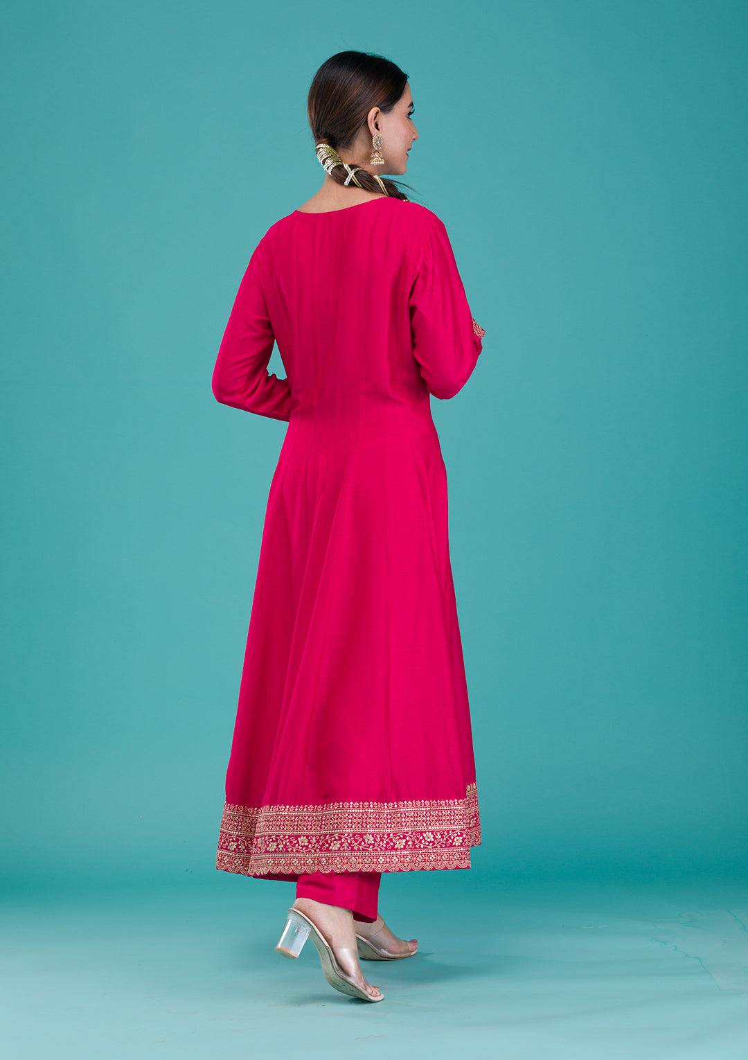 Rani Pink Printed Crepe Readymade Anarkali Suit
