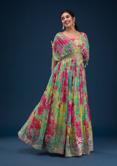 Rani Pink Printed Georgette Readymade Salwar Suit